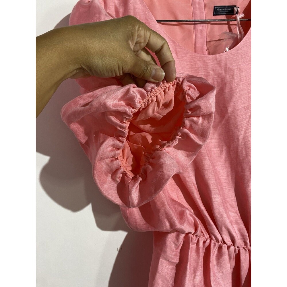 Vineyard Vines Dress 14 Cayman Pink Puff Sleeves Back Cutout Feminine Linen Silk - Picture 9 of 15